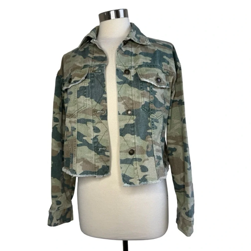 Free People Camo Cropped Jean Jacket in Green & Tan - Picture 6 of 13